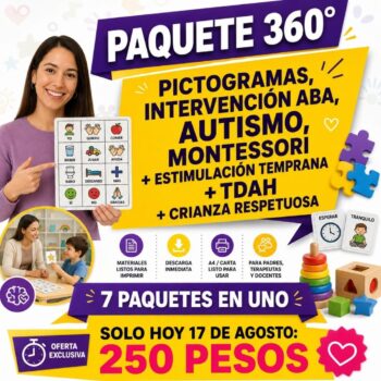PACK 360°: PICTOGRAMAS, INTERVENCIÓN ABA, AUTISMO, MONTESSORI + ESTIMULACIÓN TEMPRANA + TDAH + CRIANZA RESPETUOSA