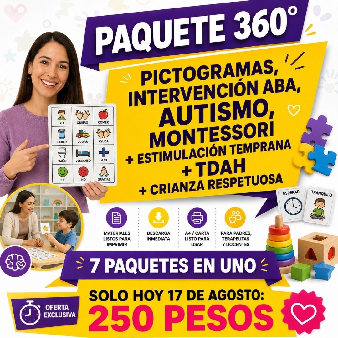 PACK 360°: PICTOGRAMAS, INTERVENCIÓN ABA, AUTISMO, MONTESSORI + ESTIMULACIÓN TEMPRANA + TDAH + CRIANZA RESPETUOSA